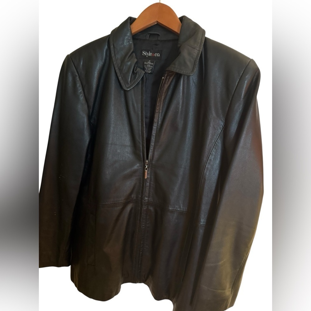 Style & Co Genuine Leather Black Zip Jacket Size M Classic 90s Minimalist